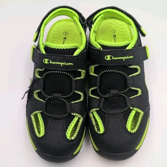 Champion Boys Kids Sandals Shoes Black/Neon Green Strap Closed Toe Size 5 Youth - Picture 2 of 16
